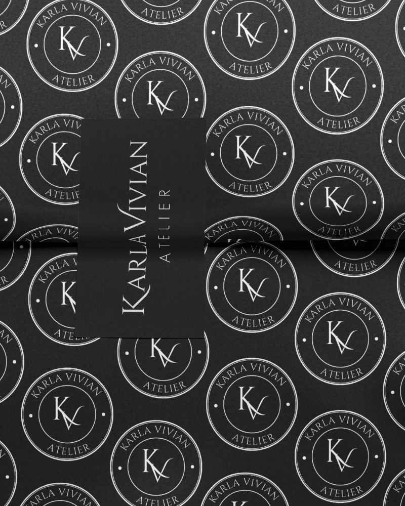 Padronagem e cartão de visita da Karla Vivian Atelier em preto e branco