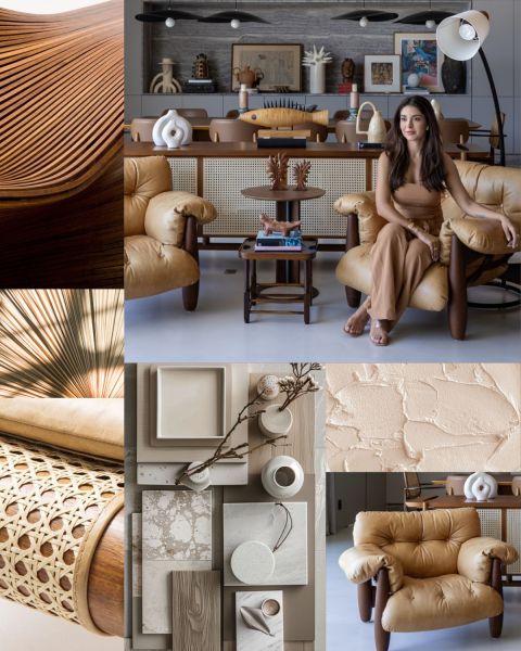 Moodboard de materiais e ambientação em tons de madeira e areia